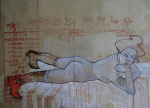 Nudo sdraiato con stivali rossi