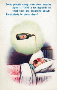 Alcolismo: uomo che dorme con la bocca aperta sognando la birra (litografia a colori)