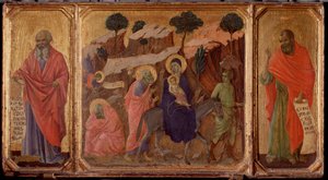 Vita di Cristo: Fuga in Egitto con i profeti Geremia e Osea. Predella della Maestà