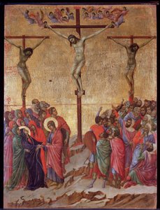 La crocifissione. Ai lati, il buon ladrone (Dismas) e il ladrone impenitente (Gestas). Pala della Maestà da Duccio di Buoninsegna
