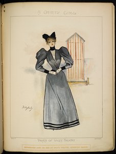 Un personaggio femminile, vicino a una cabina mobile per cambiarsi, sulla spiaggia. da Dudley Hardy