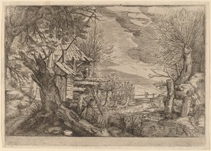 Paesaggio con casa di tronchi vicino a un fiume da Dutch 17th Century, formerly Jacques de Gheyn II