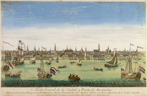 Veduta Generale del Porto e della Città di Amsterdam, incisione di D.G. Hucquier, XVI secolo da Dutch School