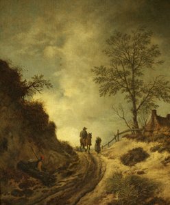 Un cavaliere e altre figure su un sentiero collinare da Dutch School