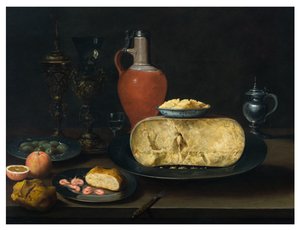 Natura morta con formaggio, burro, pane, gamberi, arance, olive e vino su un tavolo da Dutch School