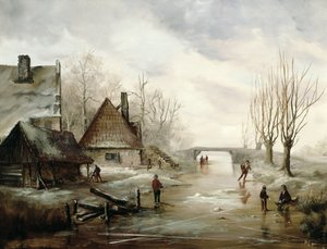 Paesaggio invernale con figure che pattinano in primo piano da Dutch School