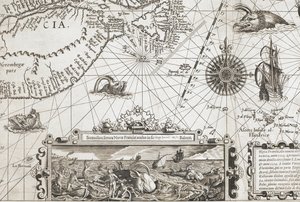 Dettaglio di due mostri marini simili a balene e un inserto con balene più realistiche, da 