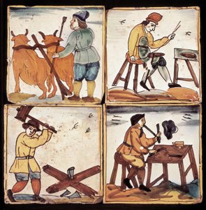 Pannello di azulejos: rappresentazione di mestieri, aratura contadina, spaccalegna e un pifferaio da Dutch School