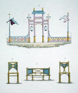 Cancello cinese e sedili da giardino, da 