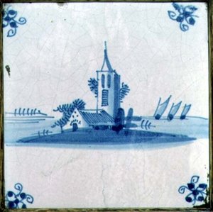 Piastrella di Delft con una chiesa e tre vele di chiatta da Dutch School