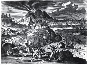 Terremoto a Edo (Tokyo) nel 1659, illustrazione dal resoconto di Arnold Montanus delle ambasciate inviate dalla Compagnia Olandese delle Indie Orientali all