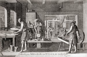 Fabbrica di Abraham van Wylick, Industria della seta di Amsterdam, da "Geschiedenis van Nederland", ed. 1936 (litografia) da Dutch School
