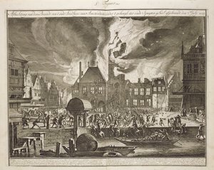 Incendio al vecchio municipio di Amsterdam, 17 luglio 1652, da un libro sulla lotta antincendio in Olanda, pubblicato c.1700