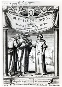 Frontespizio di Dialogus De Systemate Mundi di Galileo (1564-1642), pubblicato a Leida 1635 da Dutch School