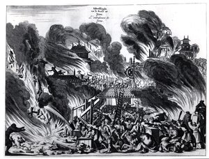 Grande incendio a Yedo (Tokyo) nel XVII secolo, illustrazione dal resoconto di Arnold Montanus delle ambasciate inviate dalla Compagnia Olandese delle Indie Orientali all