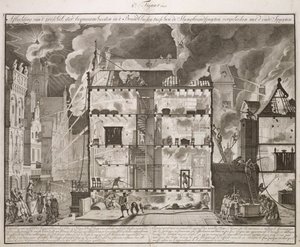 Illustrazione che mostra come i nuovi lunghi tubi antincendio potessero raggiungere tutte le parti di un edificio, da un libro sulla lotta antincendio in Olanda, pubblicato c.1700 da Dutch School