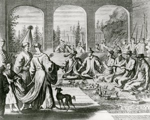Gesuiti con mercanti olandesi e portoghesi alla corte giapponese, c.1670 (incisione) da Dutch School