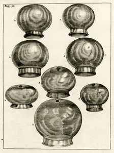 Vari bicchieri per coppettazione, da Exercitationes Practicae circa Medendi Methodum di Frederik Dekkers, 1694