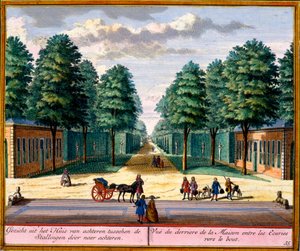 Vista del retro della casa tra le stalle, da Het Zeganpralent Kennemerlant di Hendrick de Leth e Matthias Brouerius Van Nidek, pubblicato c.1700-30 da Dutch School