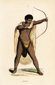 Uomo Khoikhoi in mantello di pelle animale, perizoma con perline, con arco e frecce da Duverger Duverger