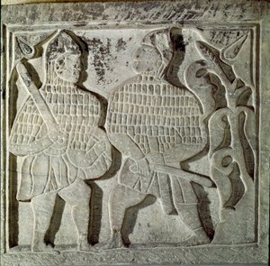 Arte selgiuchide: bassorilievo rappresentante due guerrieri. Da Konya, Turchia. XIII secolo. Museo di Arte Islamica Turca, Istanbul da Dynasty Seljuq