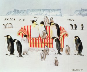 Pinguini su un divano rosso e bianco da E.B. Watts