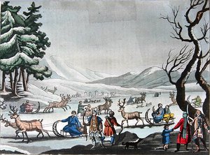 Tungus che lasciano il loro campo invernale su slitte trainate da renne, c.1820 da E. (after) Karnejeff