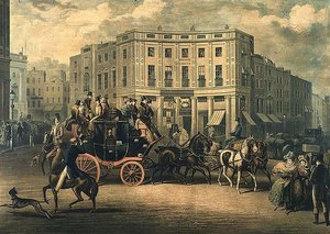 "The Age" Brighton Coach al Bull and Mouth, Regent Circus (incisione) da E. F. Lambert