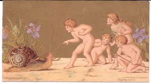 Cartolina di auguri vittoriana di quattro fate nude che prendono in giro una lumaca su uno sfondo dorato da E. Gertrude Thompson