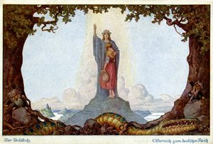 Storia. Unione di Austria e Germania. Allegoria di E. Kutzer, Austria, c.1920 (cartolina) da E. Kutzer