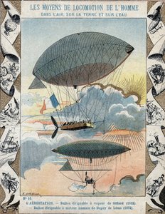 Dirigibile inventato da Henri Giffard nel 1852 e dirigibile navigabile inventato da Dupuy de Lome nel 1872 - Da una copertina protettiva per libri scolastici, fine XIX secolo - Dirigibile di Henry Giffard (1825 - 1882) 1852 e il pallone haubanne di Henri D da E. Letellier