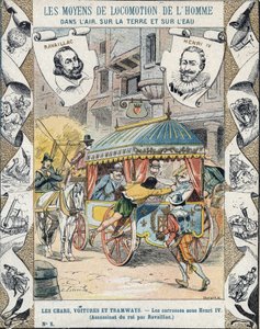Assassinio di Enrico IV da parte di François Ravaillac nella rue de la Ferronerie il 14 maggio 1610 - Da una copertina protettiva per libri scolastici, fine XIX secolo - Morte di Enrico IV: Assassinio di Enrico IV (1553 - 1610) il 14 maggio 1610 da Françoi da E. Letellier