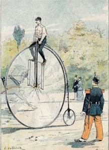 Grand bi con diametro della ruota anteriore superiore a 1,50 m - Da una copertina protettiva per libri scolastici, fine XIX secolo - illustrazione di E. Letellier - Quaderno storico protetto, fine XIX secolo da E. Letellier