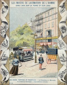 La Canebière a Marsiglia - il tram elettrico - le auto reclamano - illustrazione di E Letellier - Proteggi quaderno storico, fine XIX secolo da E. Letellier