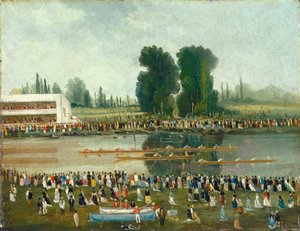 Scena di canottaggio: folle che guardano dalle rive del fiume
