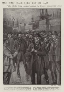 Uomini che hanno visto giorni migliori: impiegati di conteggio ingaggiati fuori dal Surrey Commercial Dock, Londra da E. S. (after) Hodgson