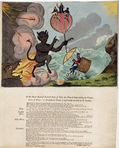 A Sua Altezza Reale Federico Duca di York, questa tavola di Satana che tiene la preponderanza del potere; o, la minaccia di Bounaparte, pub. 1803 da E. Sanders
