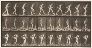 Attraversare un ruscello su pietre con canna da pesca e cestino (tavola 177) da Eadweard Muybridge