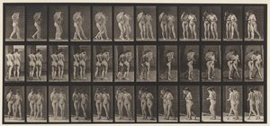 Piastra 54. Camminare, due modelli/uno sventola un ventaglio, braccio a braccio da Eadweard Muybridge