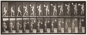 Piatto 96. Salendo le scale guardandosi intorno; sventolando un fazzoletto da Eadweard Muybridge