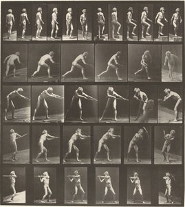 Tavola numero 521. A: Camminare. B: Salire un gradino. C: Lanciare il disco. D: Usare la pala. E, F: Usare il piccone da Eadweard Muybridge
