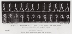 La figura umana in movimento: Atleta, camminando con un peso di cinquanta libbre in una mano da Eadweard Muybridge