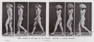 La figura umana in movimento: Alcune fasi della camminata di un atleta, portando un masso di 75 libbre da Eadweard Muybridge