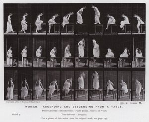 La figura umana in movimento: Donna, salendo e scendendo da un tavolo da Eadweard Muybridge