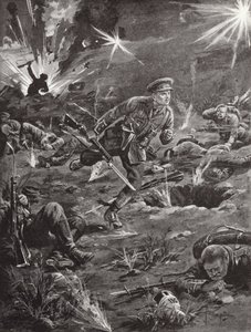 Il tenente Benjamin Geary che si affretta, sotto pesante fuoco di artiglieria, verso una trincea a destra di Hill 60 per mettersi in contatto con un ufficiale, Ypres, Belgio, aprile 1915 da Edgar Alfred Holloway