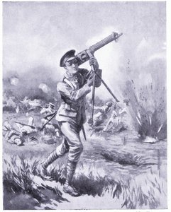 Il soldato Lynn che porta via una mitragliatrice per la riparazione sotto il fuoco pesante alla battaglia di Aisne. Premiato DCM 1915 da Edgar Alfred Holloway