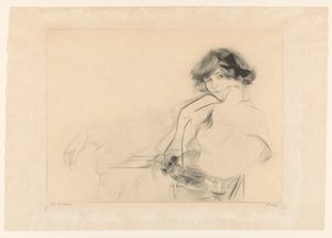 Giovane donna con un fiocco nei capelli seduta su una sedia da Edgar Chahine (signed by artist)