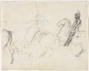Scena di battaglia con figure armate a cavallo recto Due donne sedute verso da Edgar Degas