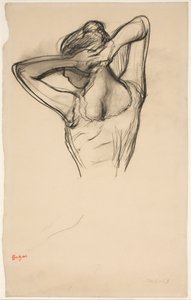 Ballerina che si sistema i capelli; mezzobusto di profilo a sinistra, vista da dietro da Edgar Degas