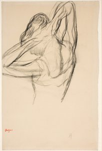 Ballerina che si sistema i capelli; mezzobusto in profilo verso sinistra, di spalle da Edgar Degas